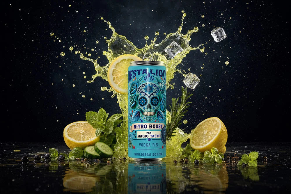 Destalidos Vodka Fizz Dose mit Zitrus-Splash und Eiswürfeln