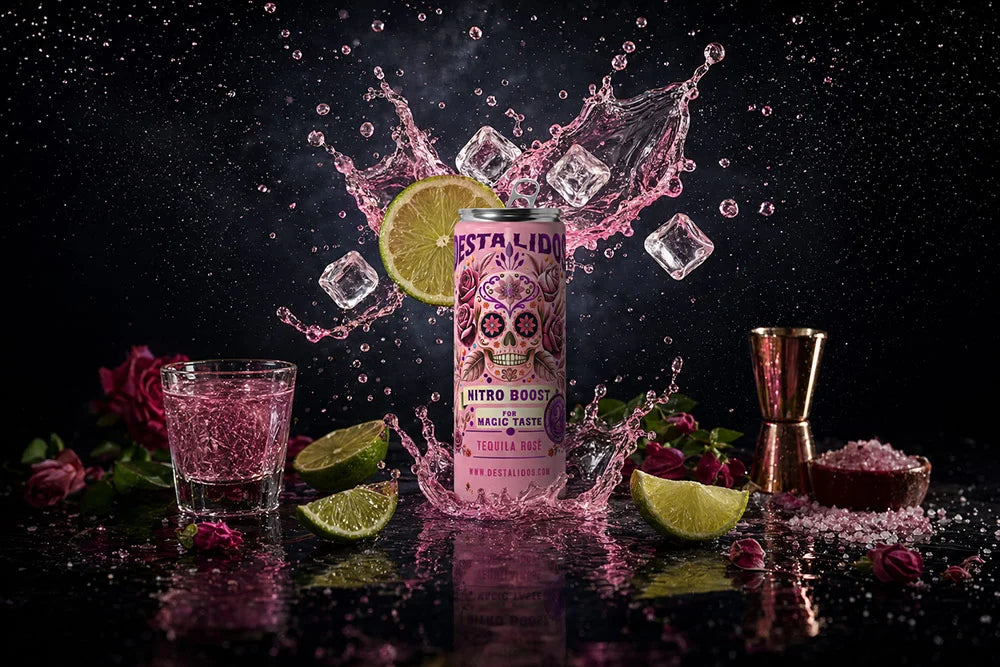 Destalidos Tequila Rose Dose mit Rosé-Splash und Limette